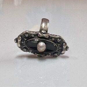 Vintage Sterling Silver Black Onyx & Seed Pearl Ring - Victorian Style Size 5